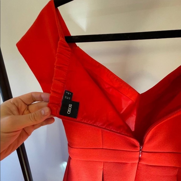 💃 Asos Off The Shoulder Sweetheart Bardot Red Prom A-line Full Skirt Dress - Picture 7 of 11